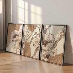 Modern Line Art Floral Wall Set Of 3, Abstract Botanical Prints in Brown & Beige, Minimal Flower Posters For Contemporary Home Decor - thumbnail 2