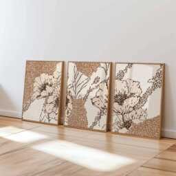Modern Line Art Floral Wall Set Of 3, Abstract Botanical Prints in Brown & Beige, Minimal Flower Posters For Contemporary Home Decor - thumbnail 1