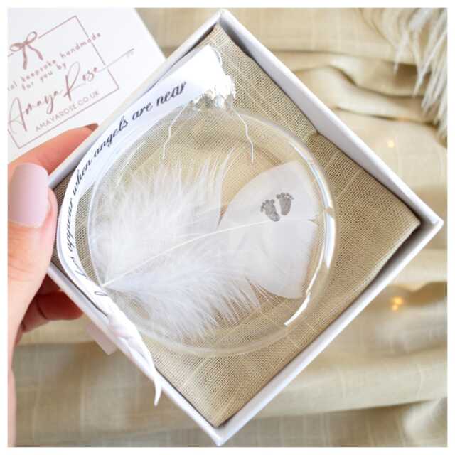 Baby Footprint Feather Bauble. Gift Boxed Loss Memorial Ornament. Angel Infant Keepsake. Christmas Tree Decoration - image 1
