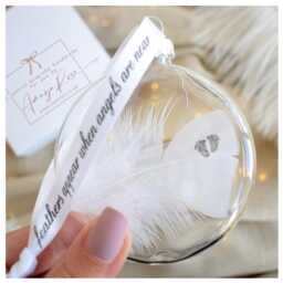 Baby Footprint Feather Bauble. Gift Boxed Loss Memorial Ornament. Angel Infant Keepsake. Christmas Tree Decoration - thumbnail 2