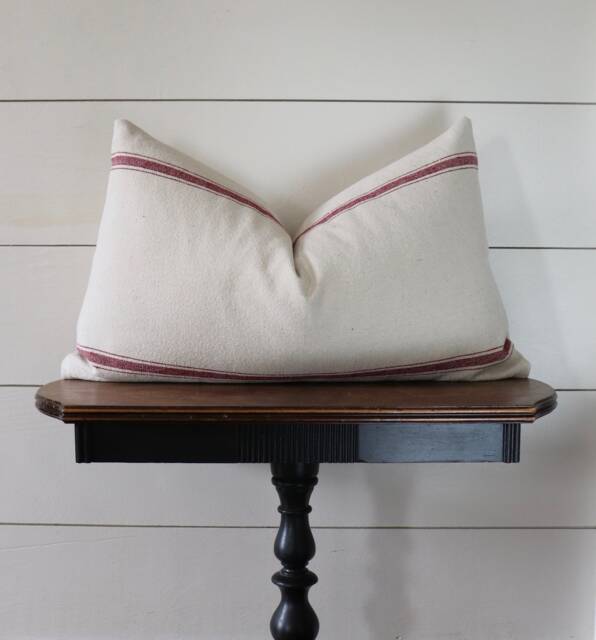 Grain Sack Lumbar Pillow Cover - Farmhouse Ticking Burgundy 3 Stripe Beige Fabric Zipper Closure - image 1