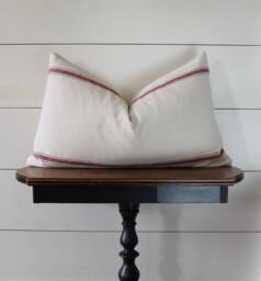 Grain Sack Lumbar Pillow Cover - Farmhouse Ticking Burgundy 3 Stripe Beige Fabric Zipper Closure - thumbnail 1