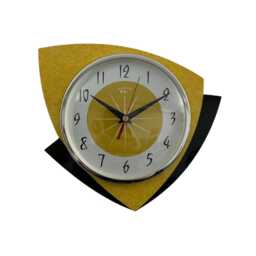 Mid Century Modern Wall Clock Yellow Naugahyde Laminate, Atomic Retro Design - thumbnail 1