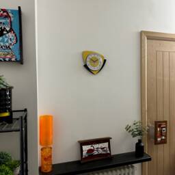 Mid Century Modern Wall Clock Yellow Naugahyde Laminate, Atomic Retro Design - thumbnail 3