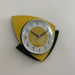 Mid Century Modern Wall Clock Yellow Naugahyde Laminate, Atomic Retro Design - thumbnail 2