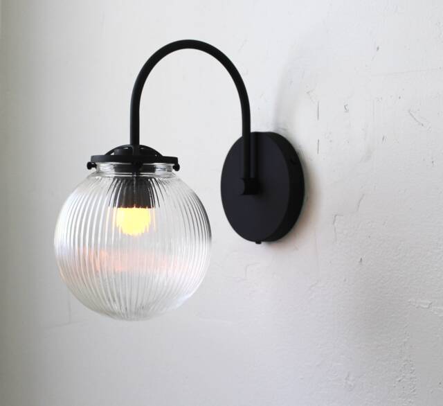 Wall Sconce Lamp, Black Curved Arm Mid Century Modern Mounted Lighting Fixture, Clear Ribbed Glass Bubble Globe, Wire-In Or Plug-In - image 1