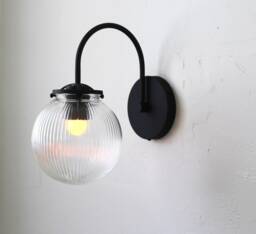 Wall Sconce Lamp, Black Curved Arm Mid Century Modern Mounted Lighting Fixture, Clear Ribbed Glass Bubble Globe, Wire-In Or Plug-In