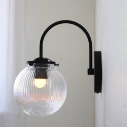 Wall Sconce Lamp, Black Curved Arm Mid Century Modern Mounted Lighting Fixture, Clear Ribbed Glass Bubble Globe, Wire-In Or Plug-In - thumbnail 2