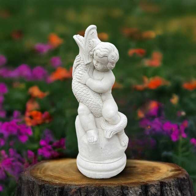 Concrete Child With Big Fish Statue Stone Boy Sculpture Gardem Children Figurine Outdoor Pond Decoration Fishing Ornament - image 1