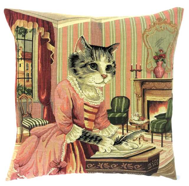 Victorian Cat Tapestry Pillow Cover Belgian Woven Cotton Cushion - 18x18 - image 1