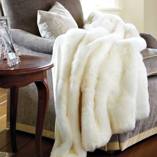 Luxury Faux Rabbit Fur Throw Blanket, Creamy White, Minky Cuddle Lining