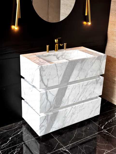 White Carrara Marble Vanity Freestanding Bathroom Sink With Soft-Close Drawers - image 1