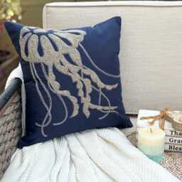 Navy Blue Cotton & Linen Beaded Sea Creature Pattern, Beach Style Throw Pillow Cover/Euro Sham - Jelly Fish At The Shore - thumbnail 3