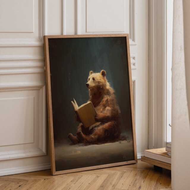 Bookish Wall Art - Bear Reading Book Print Lover Poster Funny Gift - image 1