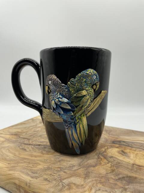 Handmade Bird Mug Fimo Clay Pottery Cup, Peacock Design - image 1