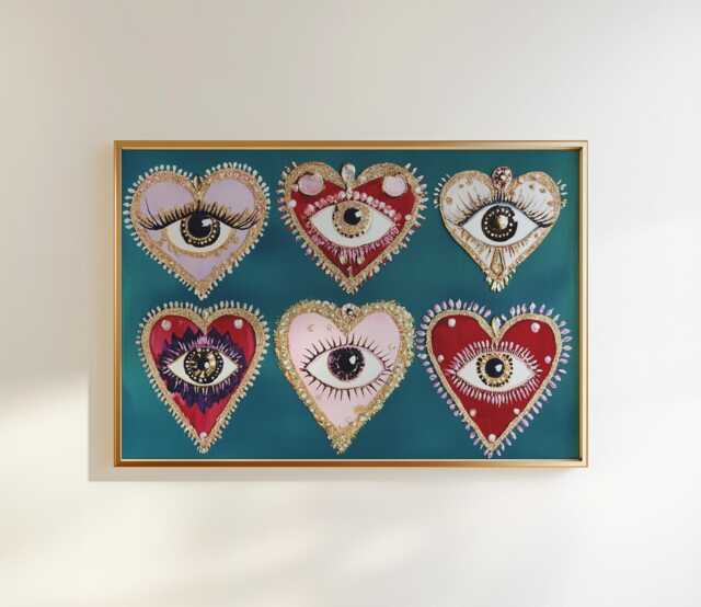Coquette Heart Eye Print Glam Dorm Decor, Mystical Gold Artwork - image 1