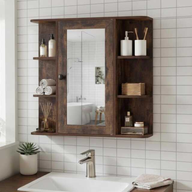 Rustic Brown Mirrored Bathroom Wall Cabinet With Open Shelves & Medicine - image 1