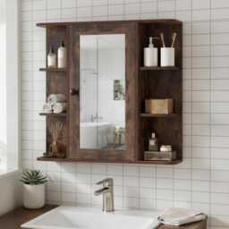 Rustic Brown Mirrored Bathroom Wall Cabinet With Open Shelves & Medicine