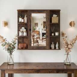 Rustic Brown Mirrored Bathroom Wall Cabinet With Open Shelves & Medicine - thumbnail 2