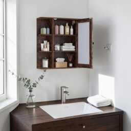 Rustic Brown Mirrored Bathroom Wall Cabinet With Open Shelves & Medicine - thumbnail 3