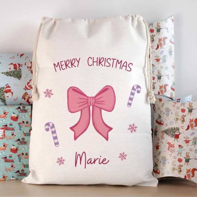 Pink Bow Christmas Eve Sack, Stocking Option - Personalized Toy Bag For Girls Or Girlfriend - image 1