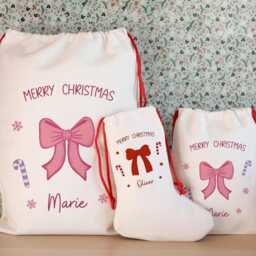 Pink Bow Christmas Eve Sack, Stocking Option - Personalized Toy Bag For Girls Or Girlfriend - thumbnail 2