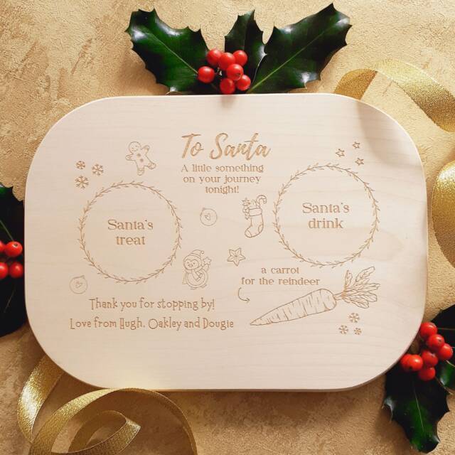 Personalised Santa Treat Board, Father Christmas Rectangle Wooden Plate, Engraved Eve Gift, Kids Festive Keepsake, Beech Wood - image 1
