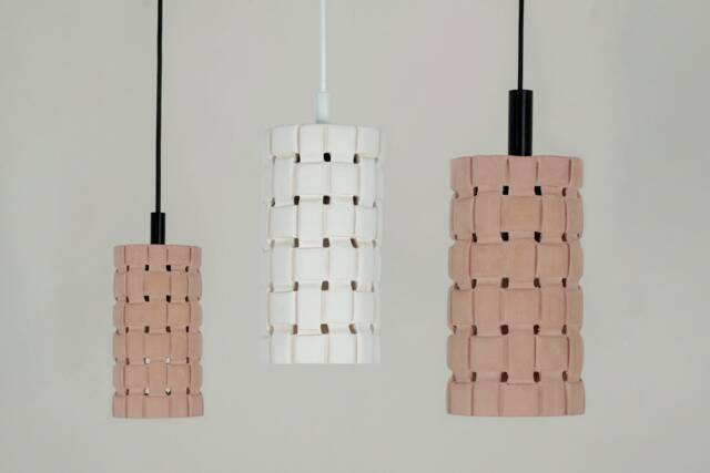 Textured Ceramic Pendant Light, Woven Stem Plug-In Hanging Lamp - Naaya Weave Stem - image 1