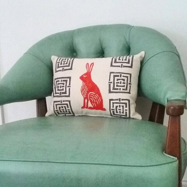 Mid Century Rabbit Pillow Orange Hare Block Print - image 1
