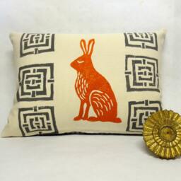 Mid Century Rabbit Pillow Orange Hare Block Print - thumbnail 2
