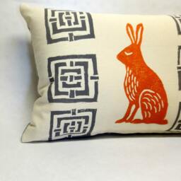 Mid Century Rabbit Pillow Orange Hare Block Print - thumbnail 3