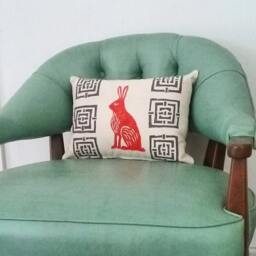Mid Century Rabbit Pillow Orange Hare Block Print - thumbnail 1