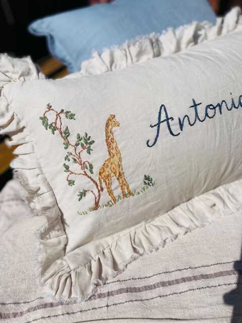 Luxury Hand-Embroidered Linen Baby Pillow Personalised Giraffe Bunny Keepsake Gift - image 1