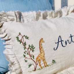 Luxury Hand-Embroidered Linen Baby Pillow Personalised Giraffe Bunny Keepsake Gift - thumbnail 3