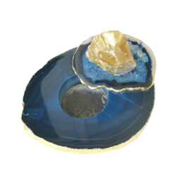 Navy Blue Agate Tealight Candle Holder - Lid Topped With Rough Honey Calcite Stone - thumbnail 3