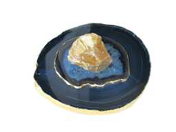 Navy Blue Agate Tealight Candle Holder - Lid Topped With Rough Honey Calcite Stone