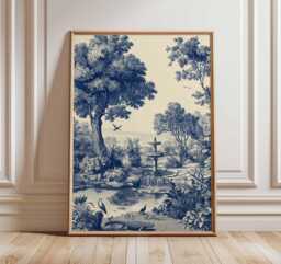 Vintage Toile Poster, Blue & White Wall Art, Asian Landscape Print, Traditional Chinese Pavilion Scene, Antique Style Home Decor - thumbnail 1