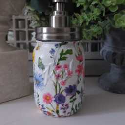 Beautiful Floral Meadow Decoupaged Mason Jar Soap Dispenser - thumbnail 2