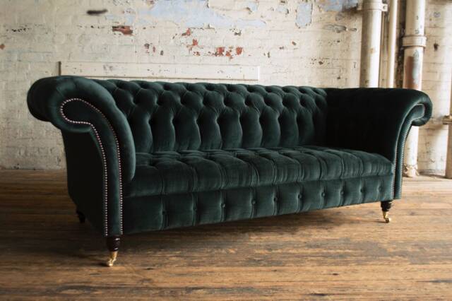 3 Seater Dark Emerald Green Velvet Fabric Chesterfield Sofa, British Handmade - image 1