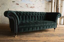 3 Seater Dark Emerald Green Velvet Fabric Chesterfield Sofa, British Handmade