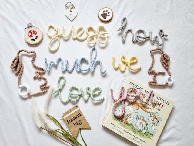 Guess How Much I Love You L Nursery Quote Wall Hanging Decor New Baby Gift Accessory Knitted Words - image 1