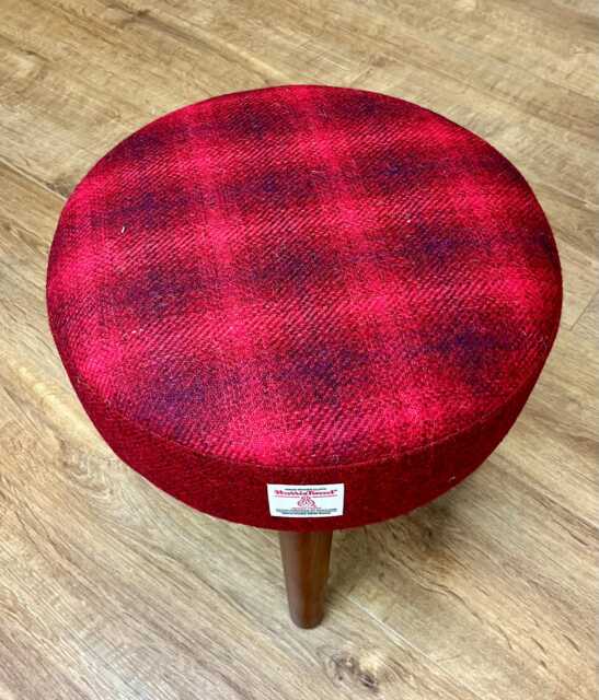 Red Faded Tartan Harris Tweed Small Footstool With Dark Varnished Wooden Legs - image 1