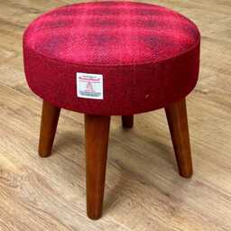 Red Faded Tartan Harris Tweed Small Footstool With Dark Varnished Wooden Legs - thumbnail 2