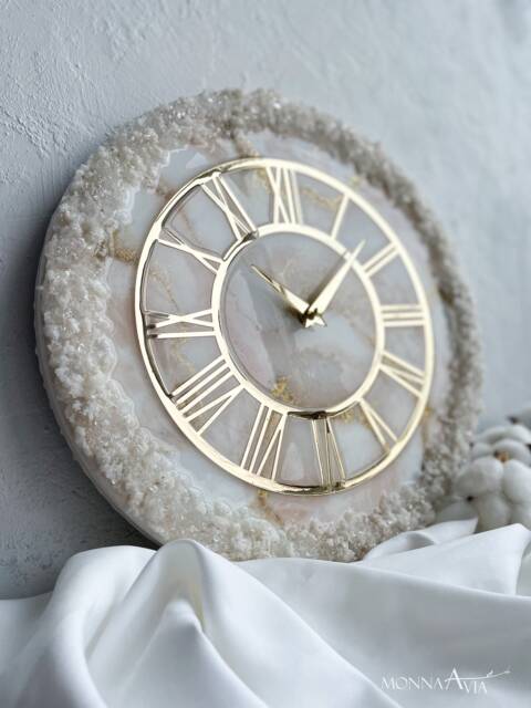 Resin Wall Clock Art Oversized Modern Handmade White Beige & Gold Unique Home Decor Wedding Gift Custom - image 1