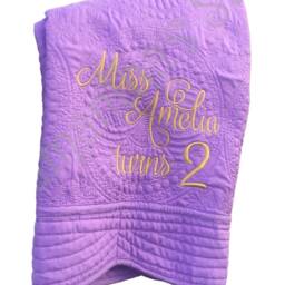 Heirloom Baby Quilt, Purple Embroidered Blanket, Personalized Keepsake Cotton Blanket - thumbnail 2