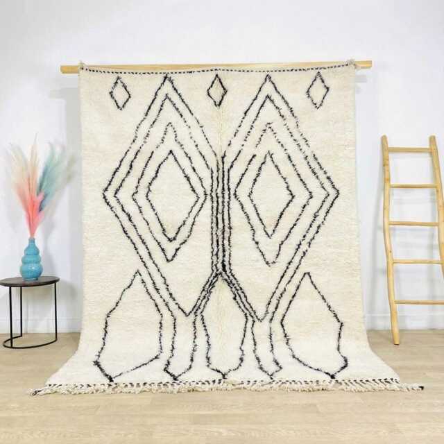 Moroccan Rug Berber Shag Large Area - White Beni Ourain Tribal Diamond Carpet Minimalist Black Line Wool Shaggy - image 1