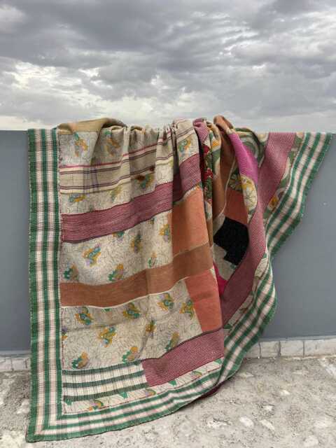 Vintage Reversible Kantha Quilt Patchwork Block Print Cotton Handmade Boho Bedspread - image 1