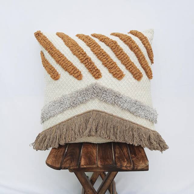 Hand Tufted Cotton Cushion Cover - Mustard Yellow Abstract Boho Pillow Fringe Textured Throw - image 1