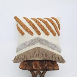 Hand Tufted Cotton Cushion Cover - Mustard Yellow Abstract Boho Pillow Fringe Textured Throw - thumbnail 3