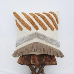 Hand Tufted Cotton Cushion Cover - Mustard Yellow Abstract Boho Pillow Fringe Textured Throw - thumbnail 1